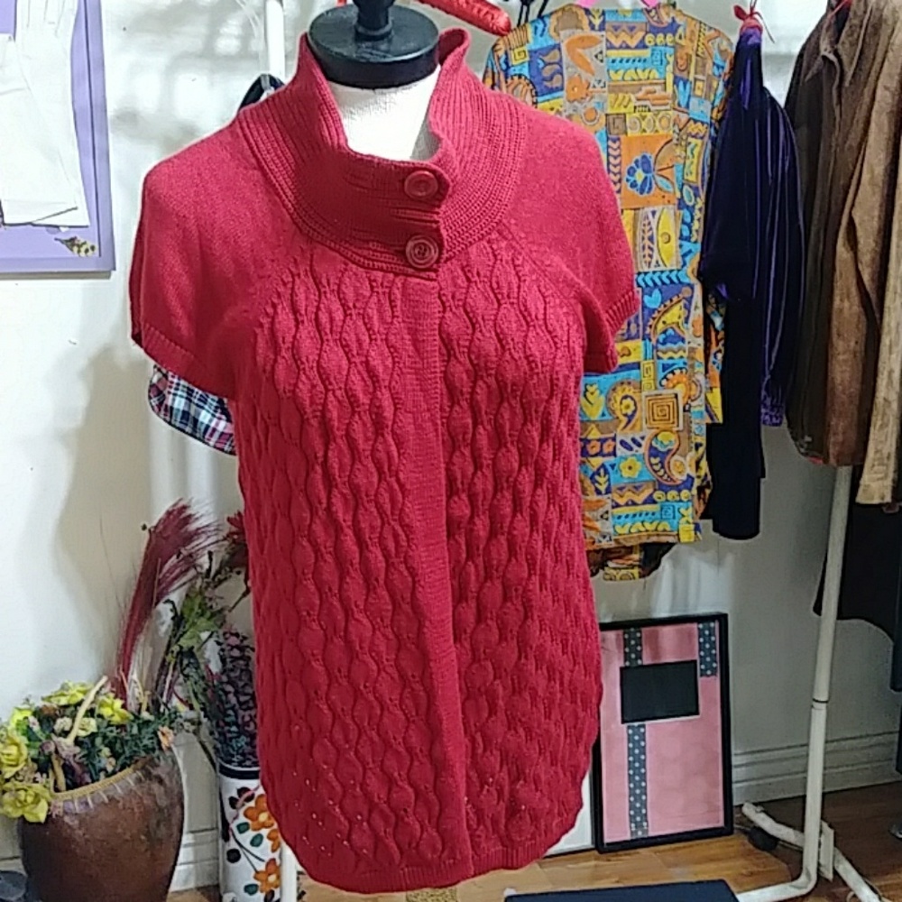 Red Knit Sweater Cardigan Jacket Sz L Super Cute Christmas Red Short Sleeve